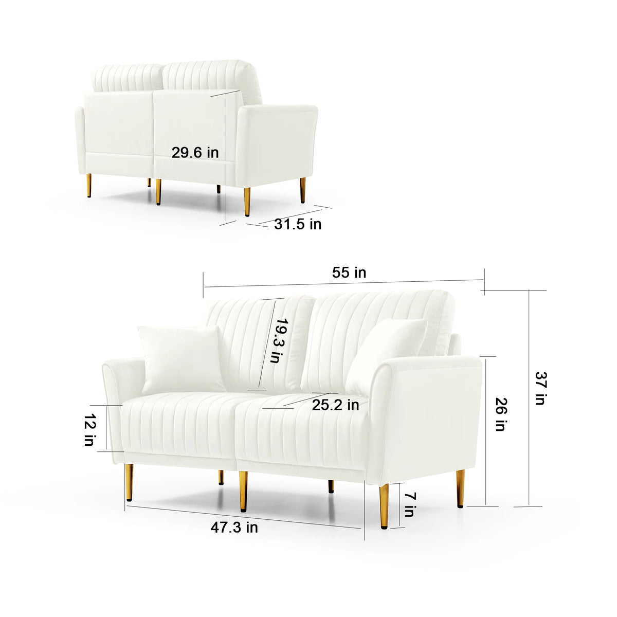 Cream Velvet Channel Tufted Loveseat with 2 Pillow and Gold Legs L471010