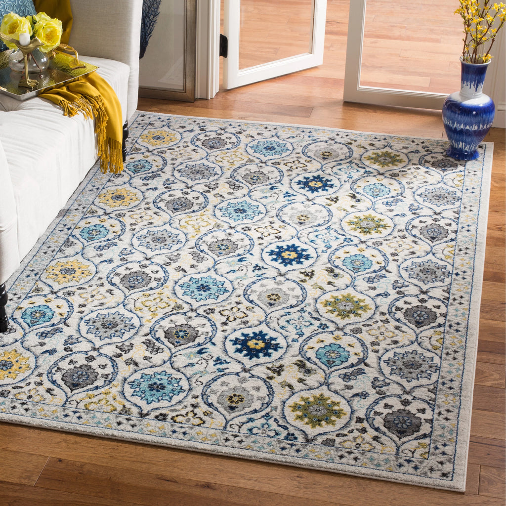 Ivory Blue Floral Geometric Area Rug 8' x 10' I76993